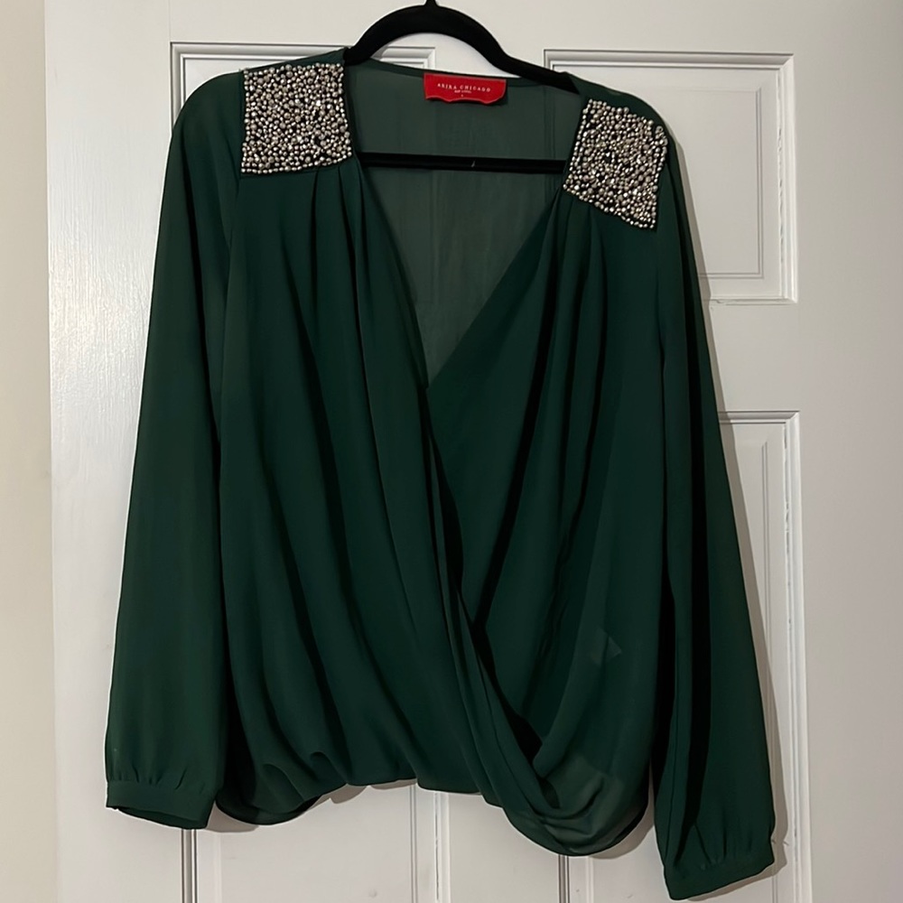 Akira- Forest green shirt with beaded shoulder detail, L